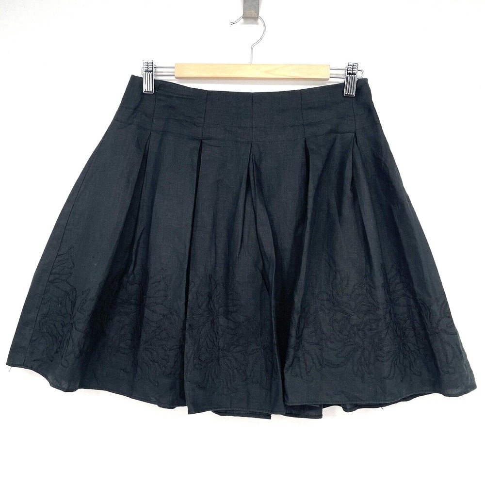 Sharagano Studio Circle Skirt Womens Size 6 Black Linen Skater Embroidered Pleat